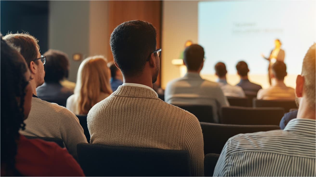A vibrant, wide-angle photograph of a modern educational conference.